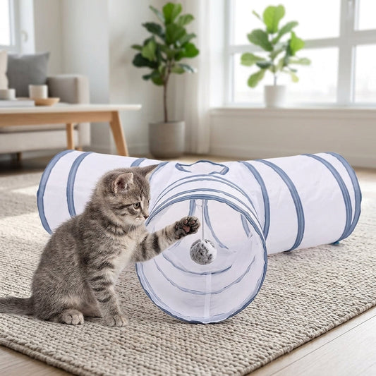 Collapsible 3-Way Cat Tunnel β White & Grey Indoor Play Tunnel with Ball Toy