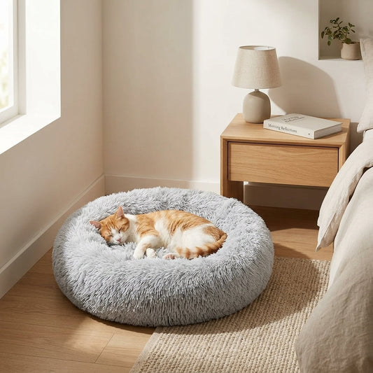 Calming Donut Pet Bed β 20" Plush Bed for Small Dogs & Cats (Light Grey)