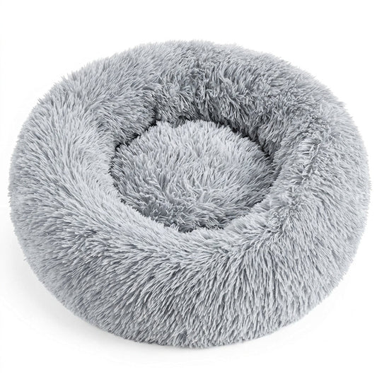 Calming Donut Pet Bed – 20" Plush Bed for Small Dogs & Cats (Light Grey)